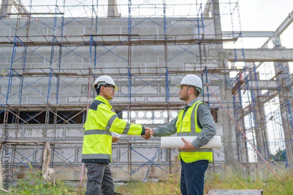 Two Asian engineer working at site of a large building project,Work overtime at construction site,Team of engineer discus at site,The architect, supervisor, and foreman meet to discuss the design Two Asian engineer working at site of a large building project,Work overtime at construction site,Team of engineer discus at site,The architect, supervisor, and foreman meet to discuss the design