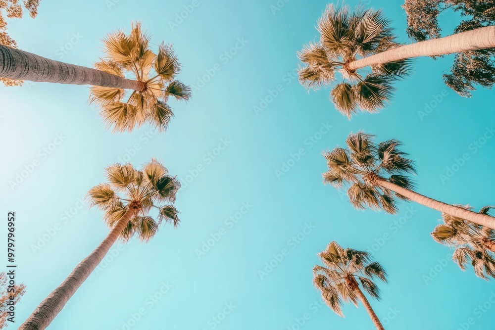 Obraz premium A vibrant view of towering palm trees against a clear blue sky. This picturesque style invokes feelings of relaxation and vacation. Ideal for travel and leisure themes. Generative AI