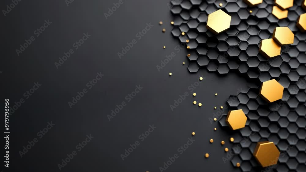 Honeycomb-shaped black tiles with golden honey drops, abstract food background with geometric pattern, sweet natural product on dark surface, close-up of hexagonal texture with syrupy liquid