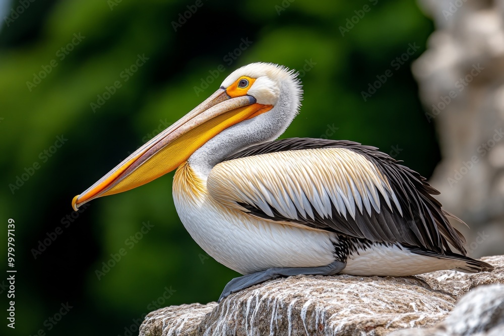 Pelican nestling into a cozy spot on a rocky ledge, with its wings folded gently around its body Pelican nestling into a cozy spot on a rocky ledge, with its wings folded gently around its body