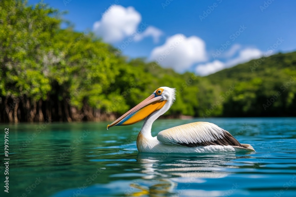 Φωτογραφία Pelican paddling leisurely through the calm waters of a coastal inlet, surrounde