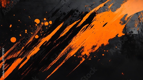 Abstract Orange and Black Paint Splashes on a Dark Background