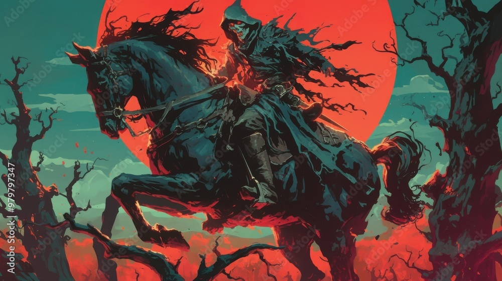 Obraz premium A retro-style illustration of a skeletal rider in a tattered cloak on a rearing black horse, set against a vibrant red sun and eerie, twisted trees.