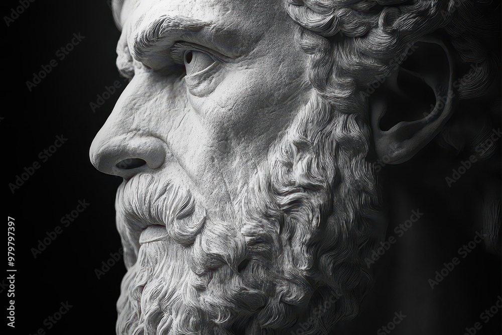 contemplative wisdom minimalist digital portrait of stoic greek philosopher deep in thought clean lines and shadowy contrast
