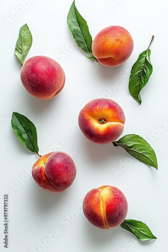 Close-up of ripe peaches with a leaf, isolated on a white background, showcasing detailed texture.