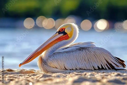 Pelican resting on a sandy beach, its long beak tucked comfortably into its feathers photo