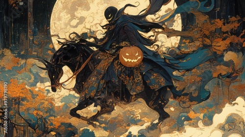 A stylized illustration of a headless horseman riding through a mystical forest with a glowing pumpkin head and flowing dark cloak against a full moon backdrop.

