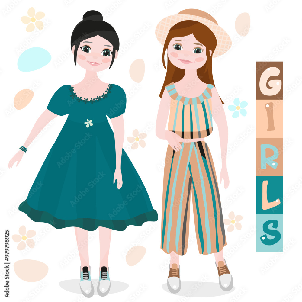 Cute teenage girls dressed in stylish clothes. Fashionistas, female characters, cartoon flat vector illustration Cute teenage girls dressed in stylish clothes. Fashionistas, female characters, cartoon flat vector illustration