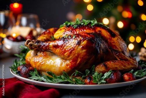 Thanksgiving turkey perfectly roasted, golden brown, and garnished with fresh herbs on a festive table photo