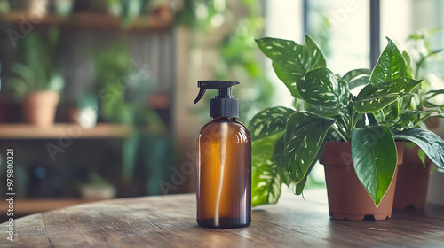 eco-friendly air freshener spray bottle, made from recycled materials, placed on a wooden table photo