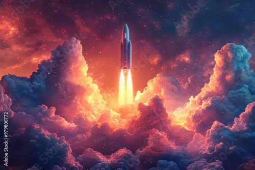 cosmic rocket soaring through vibrant nebula clouds stylized vector icon design celestial journey concept with sleek spacecraft and swirling cosmic gases in vivid hues