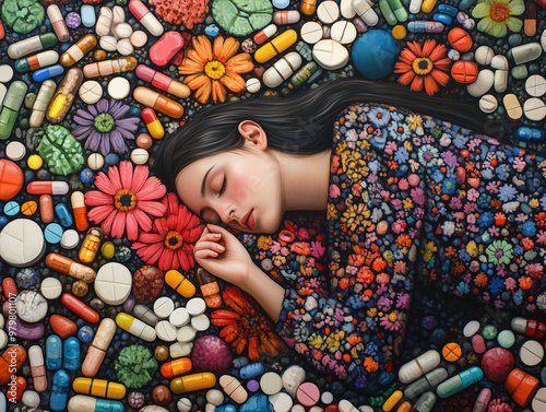 a woman sleeping in a sea of medical pills and capules, illustrating the concepts of substance abuse, addiction, polypharmacy, multiple medications, drug interactions
 photo