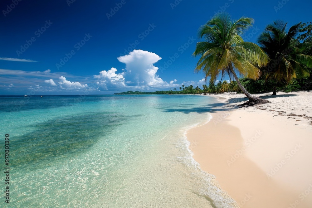 Fototapeta premium Trinidad and Tobago's pristine Pigeon Point Beach, famous for its white sand and crystal-clear waters