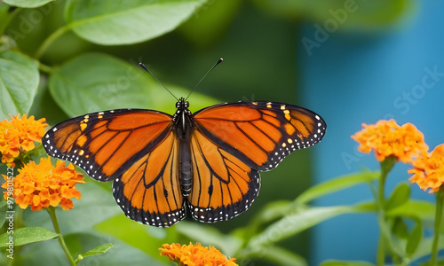 Monarch butterfly opening wings on orange flower photo