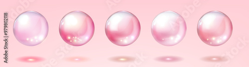 Collagen realistic translucent pink spheres isolated on pink background. 3d anti aging moisture essence drops. Vitamin, rose water template vector illustration, realistic 