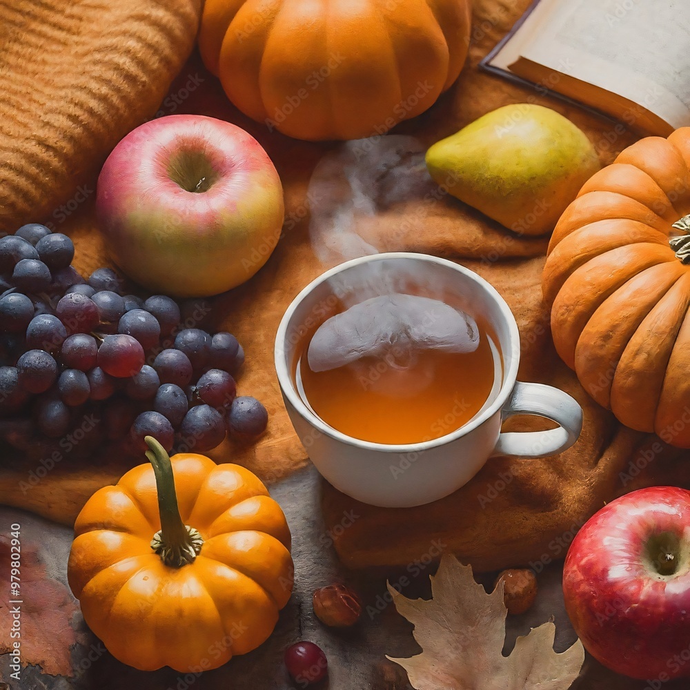 Steaming cup of tea surrounded by autumn fruits and pumpkins Steaming cup of tea surrounded by autumn fruits and pumpkins