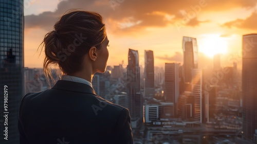 A businesswoman looks out over the city skyline at sunset, symbolizing her success and future possibilities in work