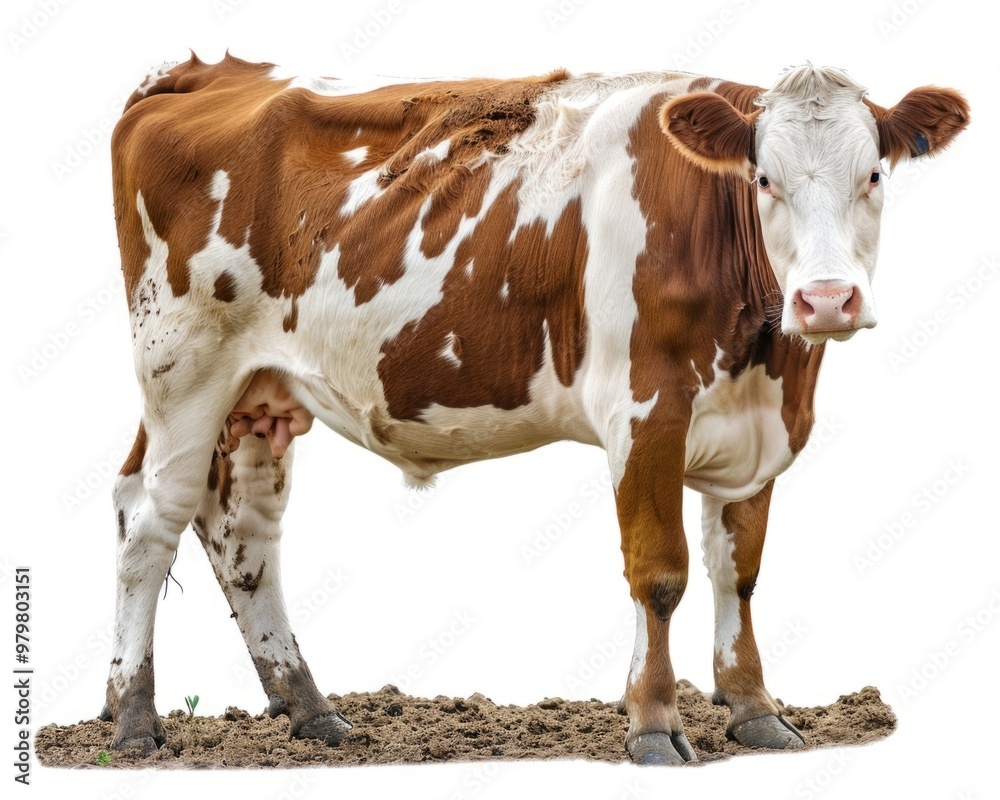 A beautiful brown and white cow stands proudly in a farm setting. Cows are essential for milk and meat. This image showcases the beauty of farm animals. Generative AI A beautiful brown and white cow stands proudly in a farm setting. Cows are essential for milk and meat. This image showcases the beauty of farm animals. Generative AI