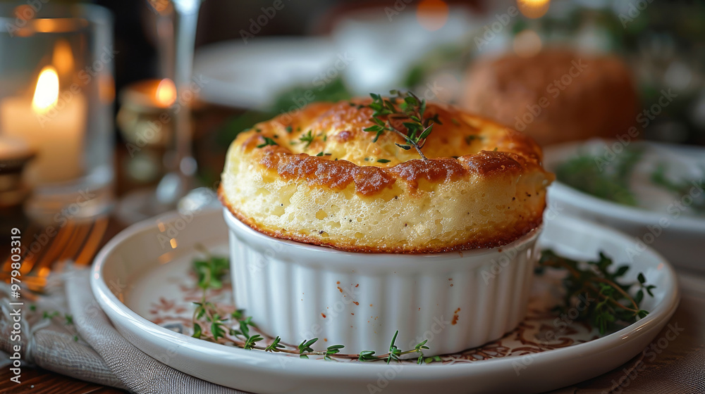 Exquisite cheese soufflé in a white ramekin, served on a plate with delicate herb sprigs in an elite restaurant setting Exquisite cheese soufflé in a white ramekin, served on a plate with delicate herb sprigs in an elite restaurant setting