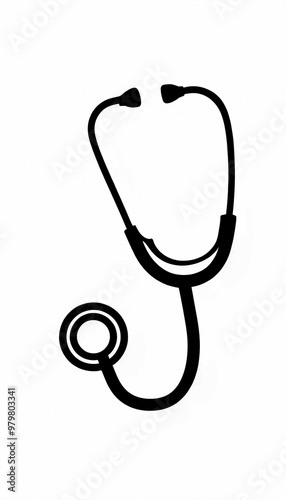 Minimalist black stethoscope silhouette icon in simple design on white background, medical doctor nurse diagnosis tool stethoscope with earpieces, patient's pulse heartbeat examining equipment clinic 