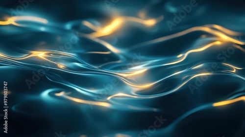 An abstract composition of flowing water with luminous blue and gold reflections, creating a serene and dynamic visual effect. photo