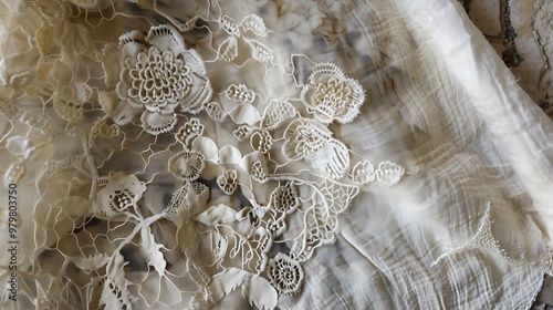 Beautiful lacy linen with a floral motif set on a rough sculptural experience photo