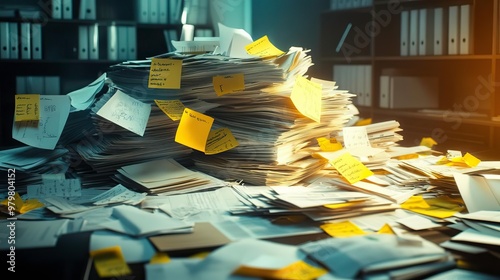 A chaotic stack of paperwork cluttered with sticky notes, illustrating disorganization in an office environment.