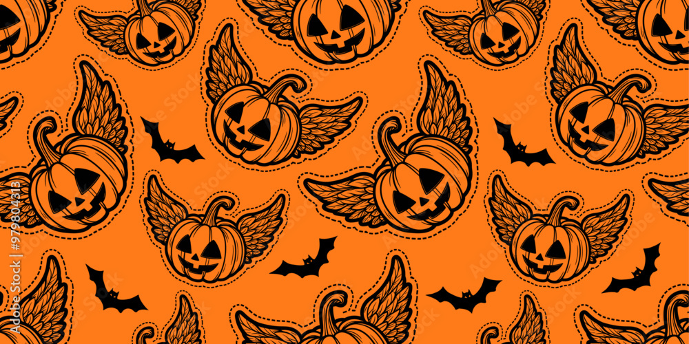 Halloween seamless pattern with pumpkins and bats Halloween seamless pattern with pumpkins and bats
