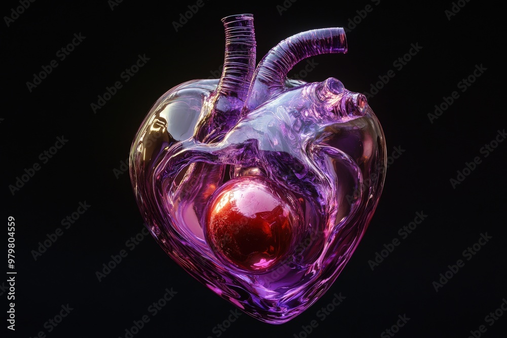 A glass heart with a red sphere inside, symbolizing love, life, and vitality. A glass heart with a red sphere inside, symbolizing love, life, and vitality.