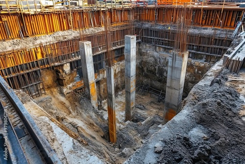 A construction site showcasing deep excavation, reinforced pillars, and earth materials at a building foundation.