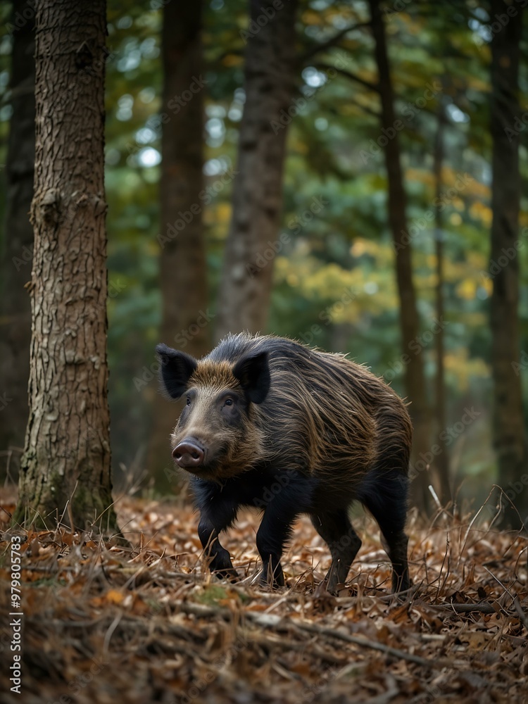 Wild boar moving through the trees. Wild boar moving through the trees.