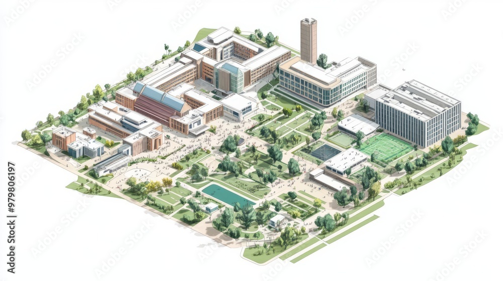 Aerial illustrated view of a modern university campus with various buildings, green spaces, and recreational areas.