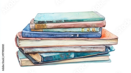 A watercolor painting of a stack of old books in various sizes and colors, adding a vintage and artistic touch to any setting. photo