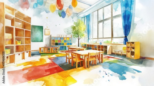 Bright and colorful kindergarten classroom with tables, shelves, and a welcoming atmosphere, perfect for children's education and creativity.
