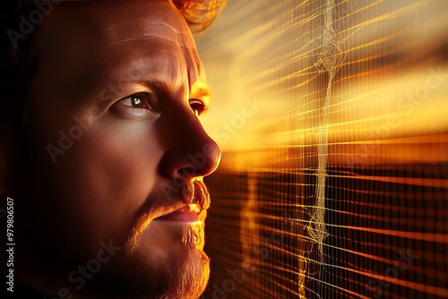 Man surrounded by glowing golden lines symbolizing intellectual firepower cognitive expansion and connection to advanced technology