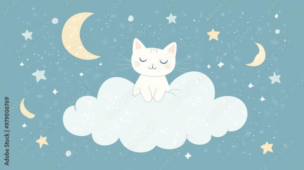 Naklejka premium Cute cartoon cat sleeping on a fluffy cloud amidst stars and crescent moons in a dreamy night sky, children's illustration.
