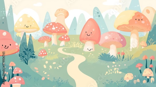Cute cartoon landscape with smiling mushrooms and pastel colors. Whimsical and cheerful art for children's illustrations or backgrounds.