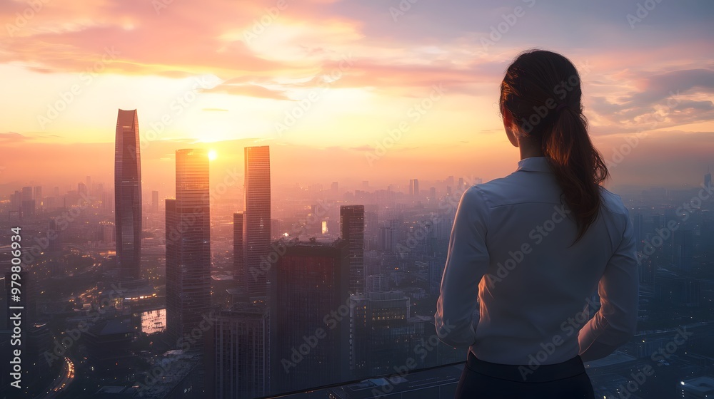 A businesswoman looks out over the city skyline at sunset, symbolizing her success and future possibilities in work A businesswoman looks out over the city skyline at sunset, symbolizing her success and future possibilities in work