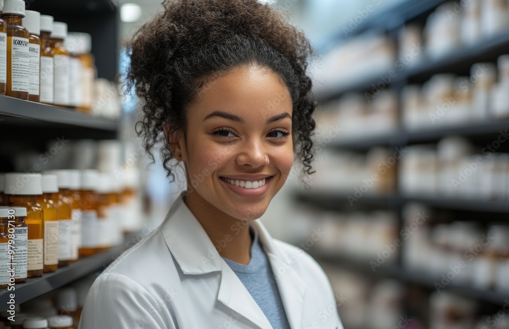 Fototapeta premium Female pharmacy technician smiling and standing in front of shelves filled with bottles