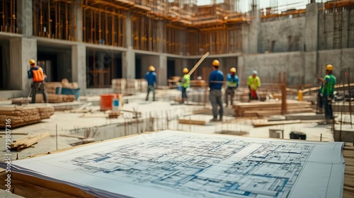 Construction site with workers and blueprints, showcasing teamwork in building development and architectural planning. photo