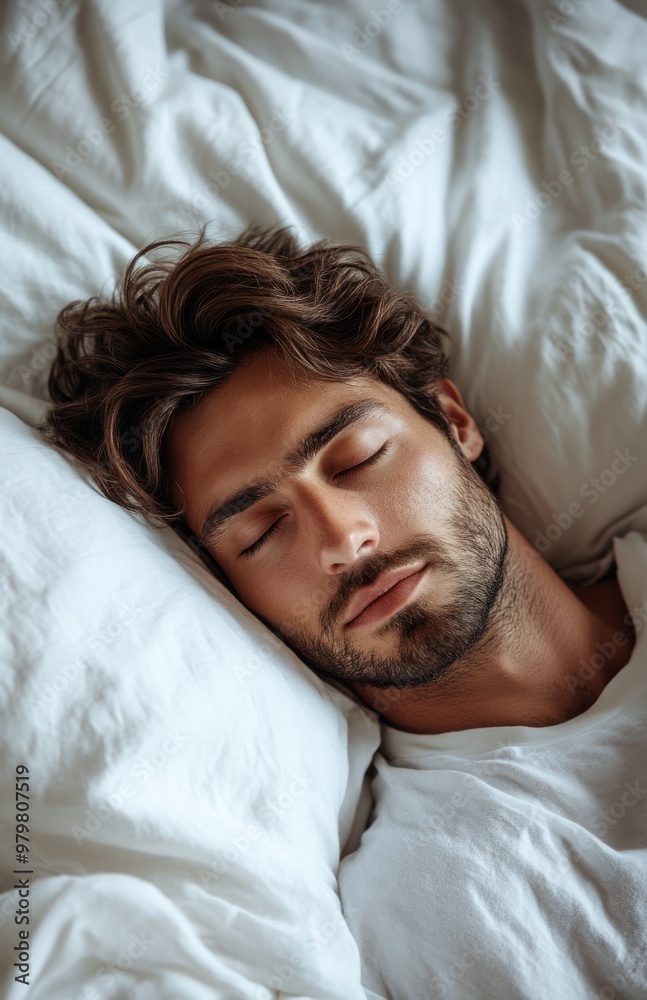 Handsome man sleeping peacefully in bed, illustrating a concept of comfortable rest and relaxation Handsome man sleeping peacefully in bed, illustrating a concept of comfortable rest and relaxation