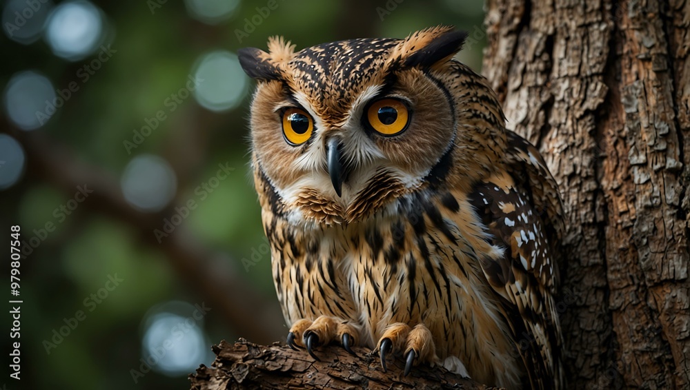 Wise owl perched on an old tree, eyes glowing. Wise owl perched on an old tree, eyes glowing.