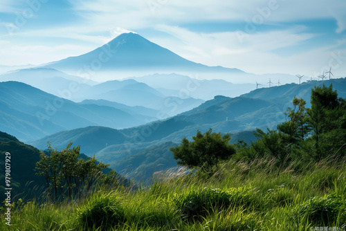 Mountain with wind farm in the distance