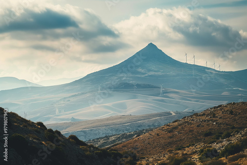 Mountain with wind farm in the distance