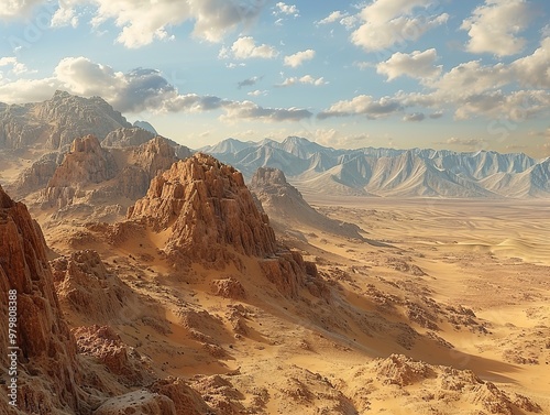 Majestic Desert Landscape with Rugged Mountains and Golden Sand Dunes