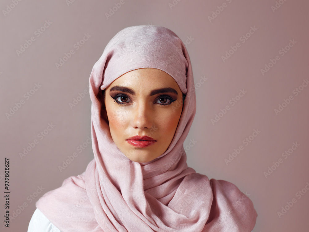 Scarf, portrait and raya with muslim woman in studio for islamic style, arabic culture and luxury clothes. Fashion, eid Mubarak celebration and hijab with person on background for oriental designer Scarf, portrait and raya with muslim woman in studio for islamic style, arabic culture and luxury clothes. Fashion, eid Mubarak celebration and hijab with person on background for oriental designer
