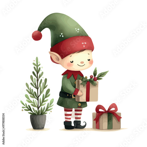 cute elf boy in Christmas costume watercolor illustration