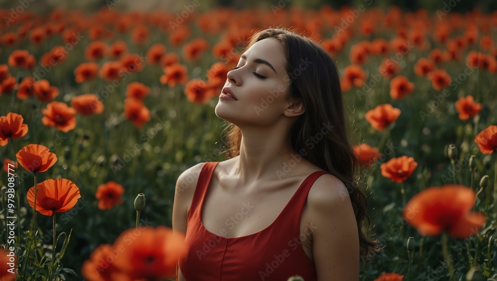 Woman in red dress, eyes closed, surrounded by poppies.