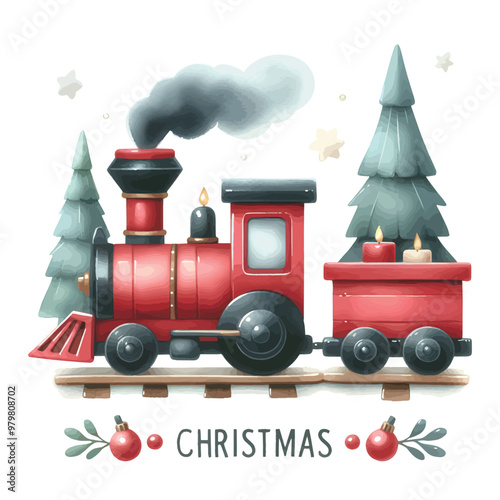 christmas train with gifts watercolor illustration. poster for christmas card
