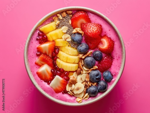 Vibrant smoothie bowl topped with fresh fruits, granola, and seeds, perfect for a healthy breakfast or snack inspiration. photo